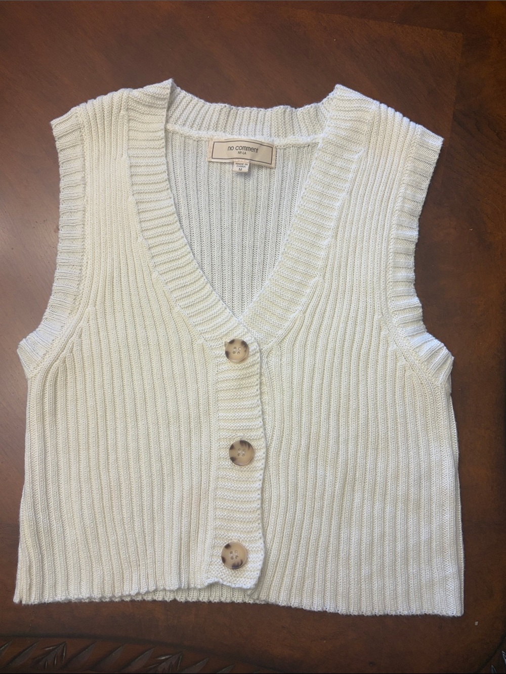 No Comment Cream Ribbed Button-Front Sweater Vest